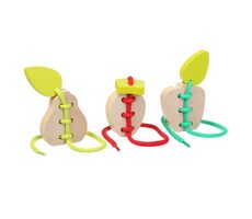 CUBIKA 14811 Provlékačka ovoce - sada 3 dřevěných šněrovacích hraček - 6 dřevěných prvků, 3 tkaničky / od 3 let