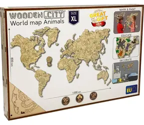 WOODEN CITY Dřevěná mapa světa ZOO XL (120x80cm) / 64 dílků / od 14 let
