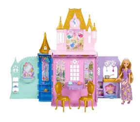 MATTEL Panenka Disney Princess Locika a skládací zámek JLK27 / 5 herních zón / 20 doplňků / od 3 let