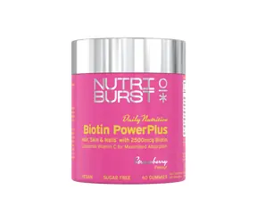 Nutriburst Biotin PowerPlus – gumídci pro vlasy, pleť a nehty s biotinem, zinkem a liposomálním vitamínem C, jahoda 60ks