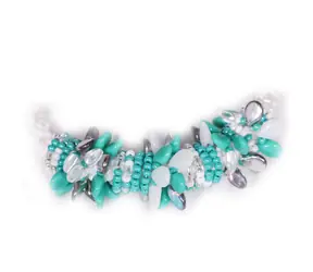 Náramek Perperuna tyrkys B / White turquoise / Skleněné perličky / Rokajl & Perle / Délka 18.5cm / Malá dárková krabička