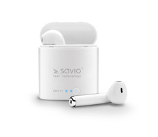SAVIO TWS-01 Bluetooth sluchátka do uší bílá / nabíjecí pouzdro / mikrofon / funkční tlačítka