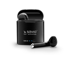 SAVIO TWS-02 Bluetooth sluchátka do uší černá / nabíjecí pouzdro / mikrofon / funkční tlačítka
