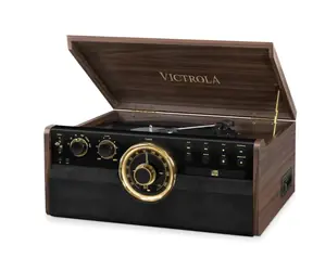 Victrola VTA-270B hnědá / Gramofon s rádiem & CD & MC mechanikou / 33 & 45 & 78 RPM / FM / BT / RCA / repro
