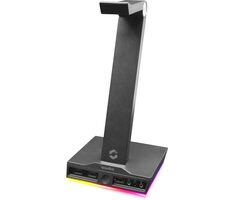 EXCELLO Illuminated Headset Stand černá / stojánek na sluchátka / 3x USB-A 2.0 / 2x 3.5mm Jack / RGB