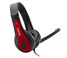 CANYON CNS-CHSC1BR / lehký PC headset / kombinovaný 3.5 mm jack / kožené naušníky / černo-červená