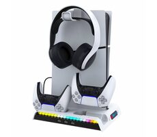 iPega P5S006 Multifunkční Nabíjecí RGB Stojan s Chlazením pro PS5 Slim bílá