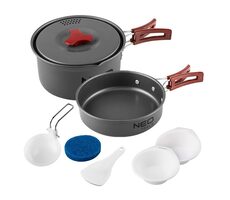 NEO TOOLS 63-146 šedá / Sada nádobí 7v1 Turistická / hliník / hrnec | pánev | 2x talíř | naběračka | stěrka | houba