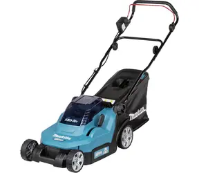 Makita DLM382CM2 / Aku sekačka na trávu / 2x18V / až 560 m2 / záběr 38 cm / koš 40 l / 2x Aku 4.0 Ah