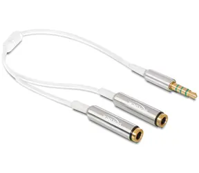 Delock adaptér stereo jack 3,5 mm samec,4 pin > 2 x stereo jack 3,5 mm samice,4 pin / 25cm / bílý / stříbrný