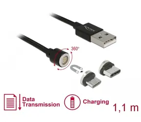 Delock Magnetický USB datový a napájecí kabelový set pro Micro USB & USB Type-C 1.1 m černá