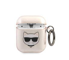 Karl Lagerfeld TPU Glitter Choupette Head Pouzdro pro Airpods 1 & 2 zlatá
