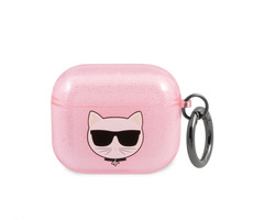 Karl Lagerfeld TPU Glitter Choupette Head Pouzdro pro Airpods 3 růžová