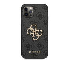 GUESS PU 4G Metal Logo Zadní Kryt pro Apple iPhone 12 & 12 Pro šedá