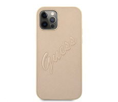 GUESS PU Saffiano Vintage Script Zadní Kryt pro Apple iPhone 12 & 12 Pro zlatá