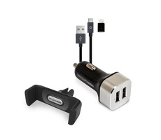 RealPower Mobile Car Set / Držák telefonu a 2 portová USB nabíječka / microUSB na Lightning