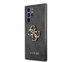 GUESS PU 4G Metal Logo Zadní Kryt pro Samsung Galaxy S22 Ultra šedá