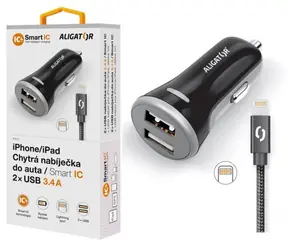 Aligator Chytrá nabíječka do auta 3.4A černá + Lightning kabel / 2xUSB / smart IC 