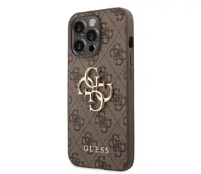 GUESS PU 4G Metal Logo Zadní Kryt pro Apple iPhone 14 Pro hnědá