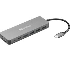 Sandberg 136-45 USB-C Cestovní dokovací stanice 13v1 100W / 4x USB / 2x HDMI / 1x VGA / LAN / 3.5mm jack / čtečka karek 
