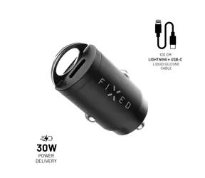FIXED Set autonabíječky s 2xUSB-C výstupem a USB-C/Lightning kabelu černá / podpora PD / 1.2 metr / MFI / 30W 