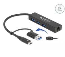 Delock 3 portový rozbočovač USB 3.2 Gen 1 + Gigabit LAN s konektorem USB Type-C nebo USB Typu-A 0.2m černá