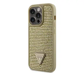 GUESS Rhinestones Triangle Metal Logo Kryt pro Apple iPhone 14 Pro zlatá / doprodej