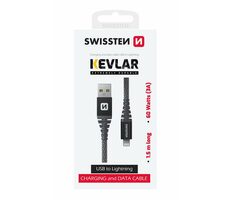 SWISSTEN KEVLAR datový kabel USB-A - Lightning 1.5m šedá / 60W / 3A / 1x USB-A(M) / 1x Lightning(M)