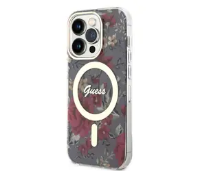 GUESS PC/TPU Flowers IML MagSafe Kompatibilní Zadní Kryt pro Apple iPhone 14 Pro Kaki