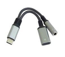 PremiumCord Redukce USB-C(M) na 3.5mm jack(F) s DAC chipem + USB-C(F) pro nabíjení 13cm