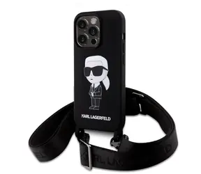 Karl Lagerfeld Liquid Silicone Crossbody Ikonik Zadní Kryt pro Apple iPhone 15 Pro Max černá