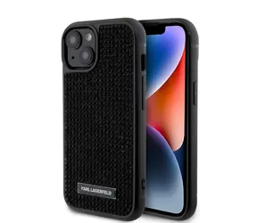 Karl Lagerfeld Rhinestone Plate Metal Logo Zadní Kryt pro Apple iPhone 15 černá
