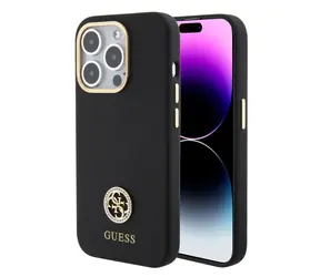 GUESS Liquid Silicone 4G Strass Metal Logo Zadní Kryt pro Apple iPhone 15 Pro Max černá