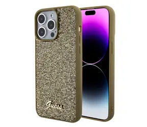 GUESS PU Square Mirror Script Logo Zadní Kryt pro Apple iPhone 15 Pro Max zlatá