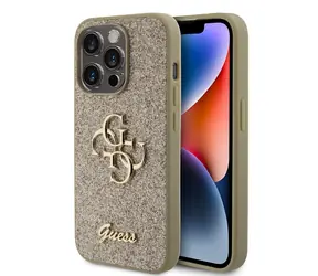 GUESS PU Fixed Glitter 4G Metal Logo Zadní Kryt pro Apple iPhone 15 Pro zlatá