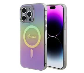 GUESS IML Iridescent Script MagSafe Zadní Kryt pro Apple iPhone 15 Pro růžová