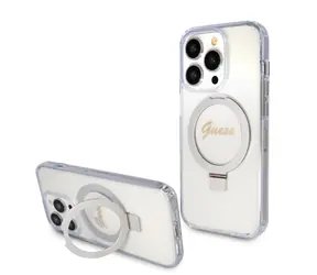 GUESS IML Ring Stand Glitter MagSafe Zadní Kryt pro Apple iPhone 15 Pro transparentní