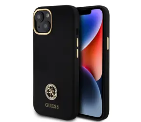 GUESS Liquid Silicone 4G Strass Metal Logo Zadní Kryt pro Apple iPhone 15 černá