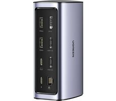 UGREEN CM555 Dokovací stanice šedá / 3x USB-C / 3x USB-A / 2x HDMI / 1x DP / 1x RJ45 / 1x AUX / čtečka karet SD & TF