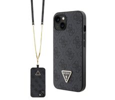 Guess PU 4G Strass Triangle Metal Logo Zadní Kryt + Crossbody Popruh pro Apple iPhone 15 černá