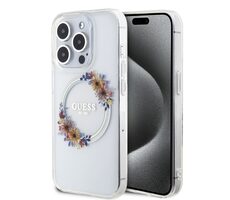 Guess PC/TPU Flowers Ring Glossy Logo MagSafe Zadní Kryt pro Apple iPhone 15 Pro Max čirá