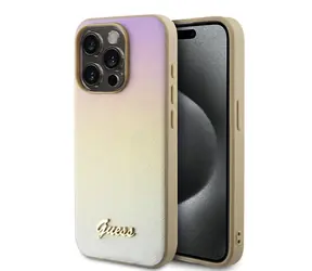 Guess PU Leather Iridescent Metal Script Zadní Kryt pro Apple iPhone 15 Pro Max zlatá