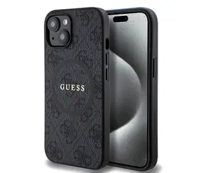 Guess PU Leather 4G Colored Ring MagSafe Zadní Kryt pro Apple iPhone 15 černá