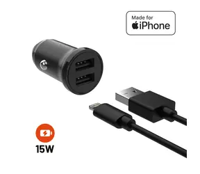 FIXED Autonabíječka s odnímatelným Lightning kabelem 15W černá / kabel 1m / 2x USB výstup / Smart Rapid Charge/ MFI