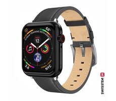 SWISSTEN Kožený řemínek pro Apple Watch 42/44/45/49mm černo-stříbrná / stříbrná spona a stříbrné poutko