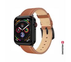SWISSTEN Kožený řemínek pro Apple Watch 42/44/45/49mm hnědá / černá spona a černé poutko