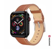 SWISSTEN Kožený řemínek pro Apple Watch 42/44/45/49mm hnědo-stříbrná / stříbrná spona a stříbrné poutko
