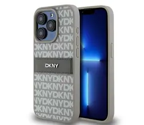 DKNY PU Leather Repeat Pattern Tonal Stripe Zadní Kryt pro Apple iPhone 15 Pro béžová
