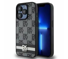 DKNY PU Leather Checkered Pattern and Stripe Zadní Kryt pro Apple iPhone 14 Pro Max černá