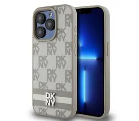 DKNY PU Leather Checkered Pattern and Stripe Zadní Kryt pro Apple iPhone 14 Pro Max béžová